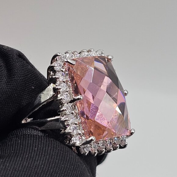 Sterling Silver 925 Rhodium Plated Large Pink CZ Cocktail Ring - Picture 9 of 12